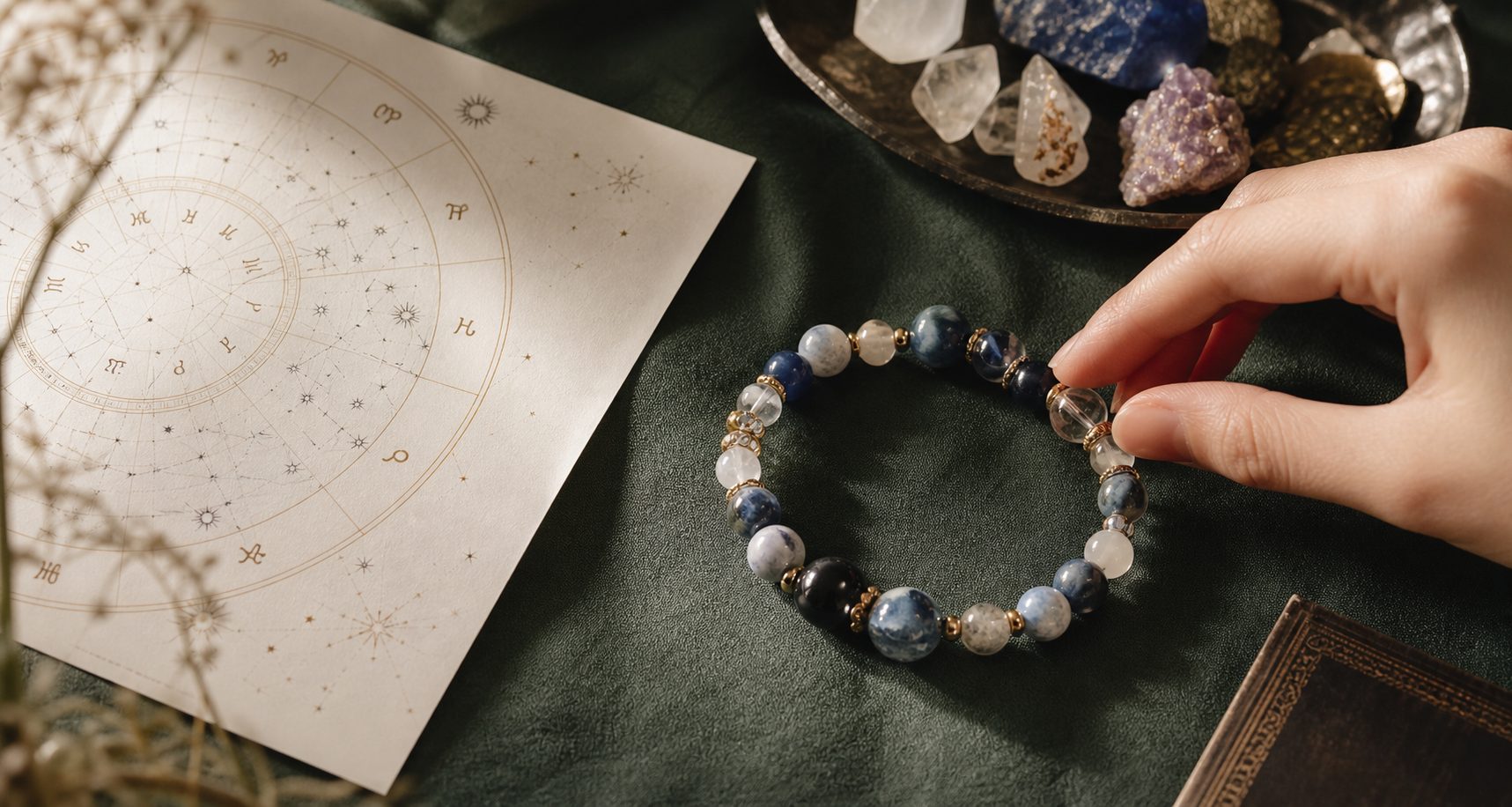 星図の紙のそばで、青い石のブレスレットを指先で整えている手元。