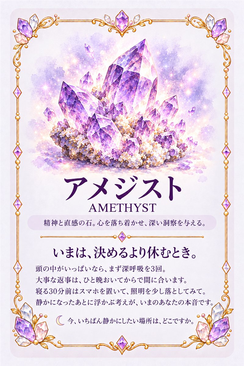 メッセージカード。石のイラストと名前、石の説明、これからのためのアドバイスと問いかけ。