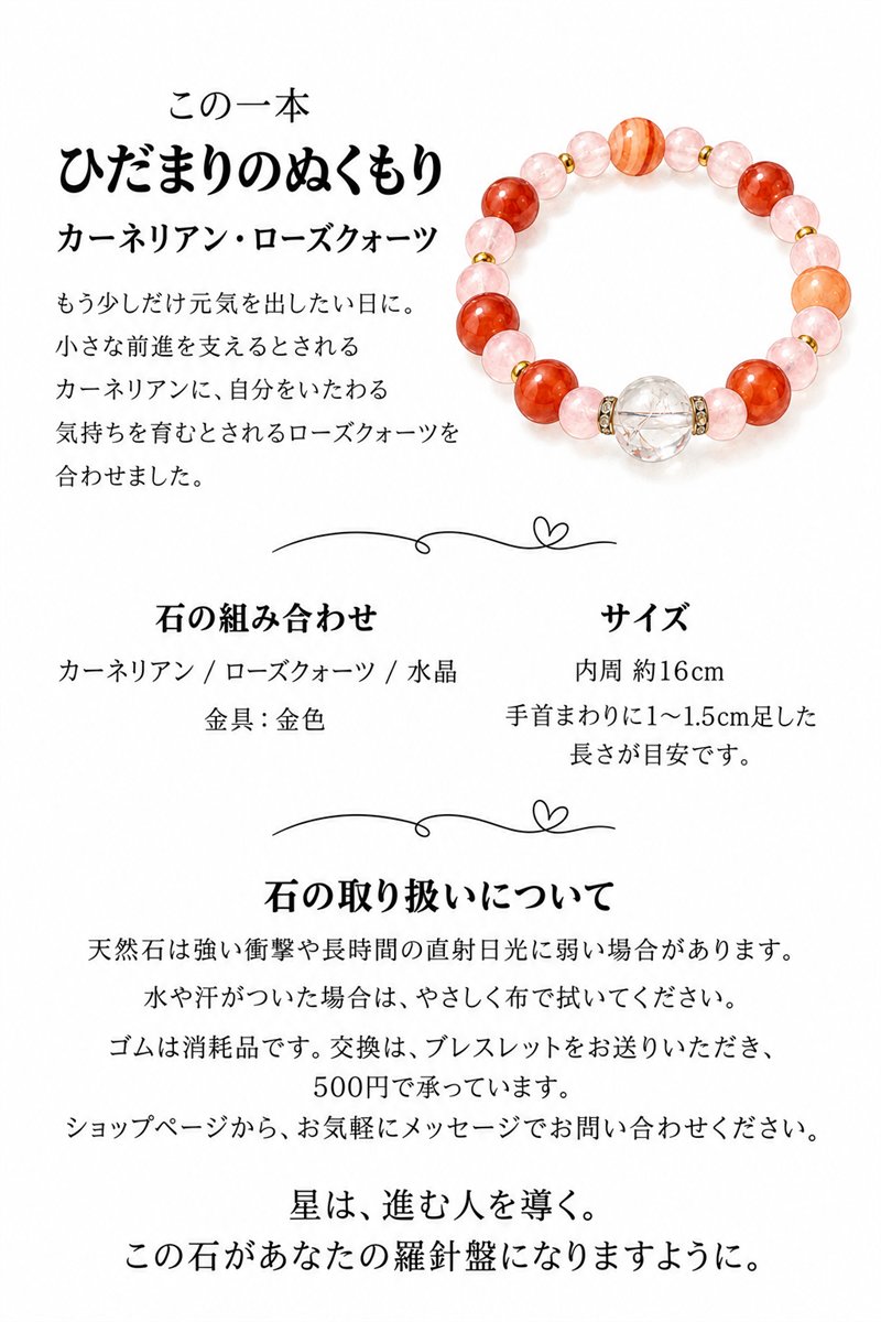 商品説明のカード。ブレスレットの絵と、石の組み合わせ・サイズ・取り扱い。