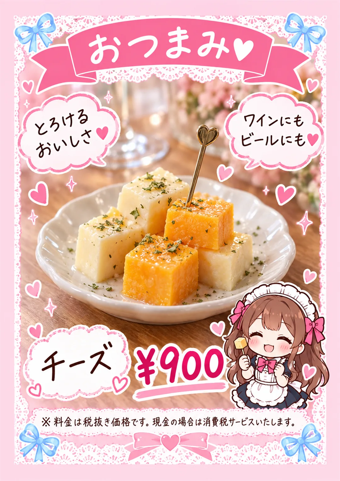 ここひめカフェのメニュー表 おつまみ チーズ