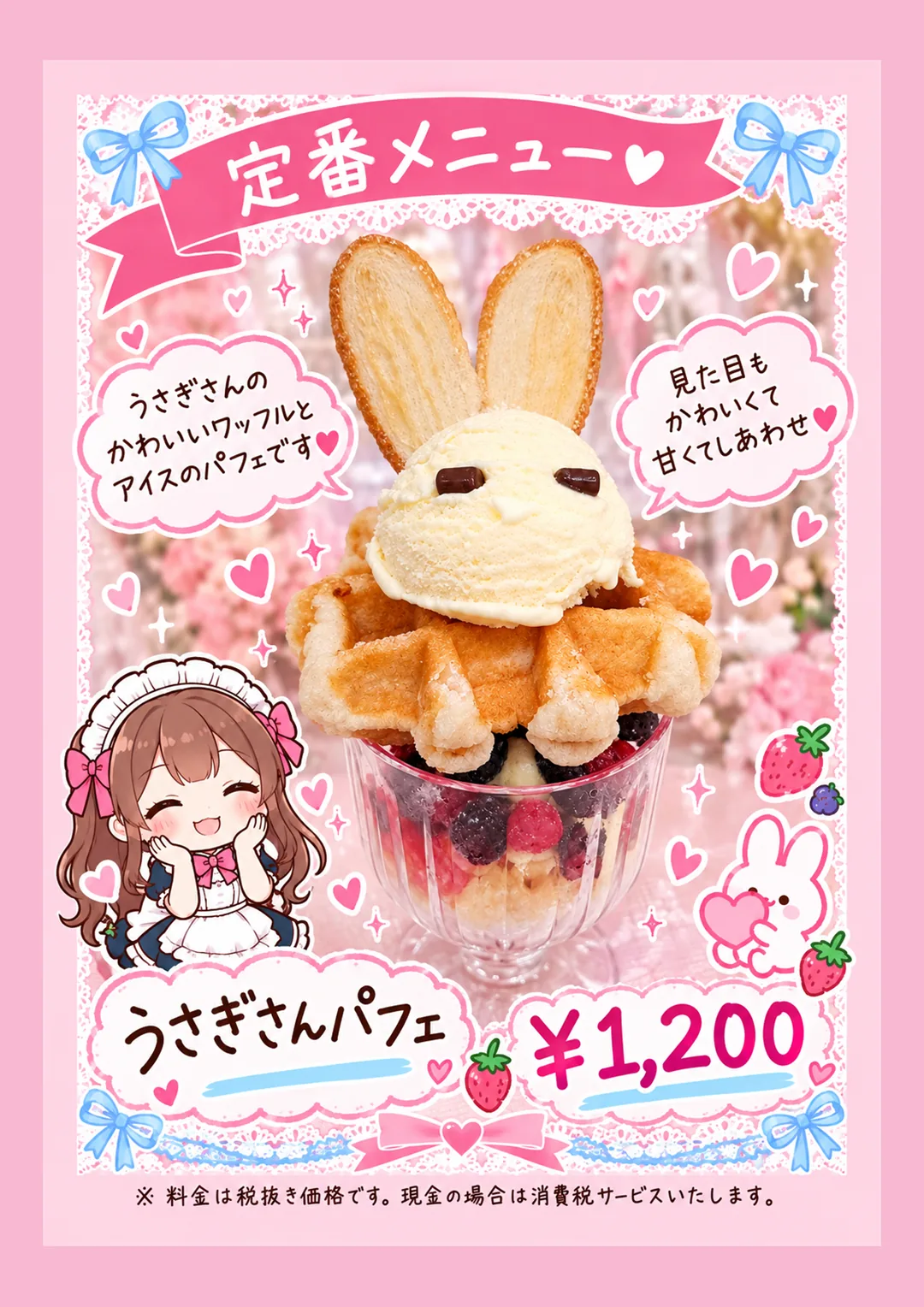 ここひめカフェのメニュー表 定番 うさぎさんパフェ