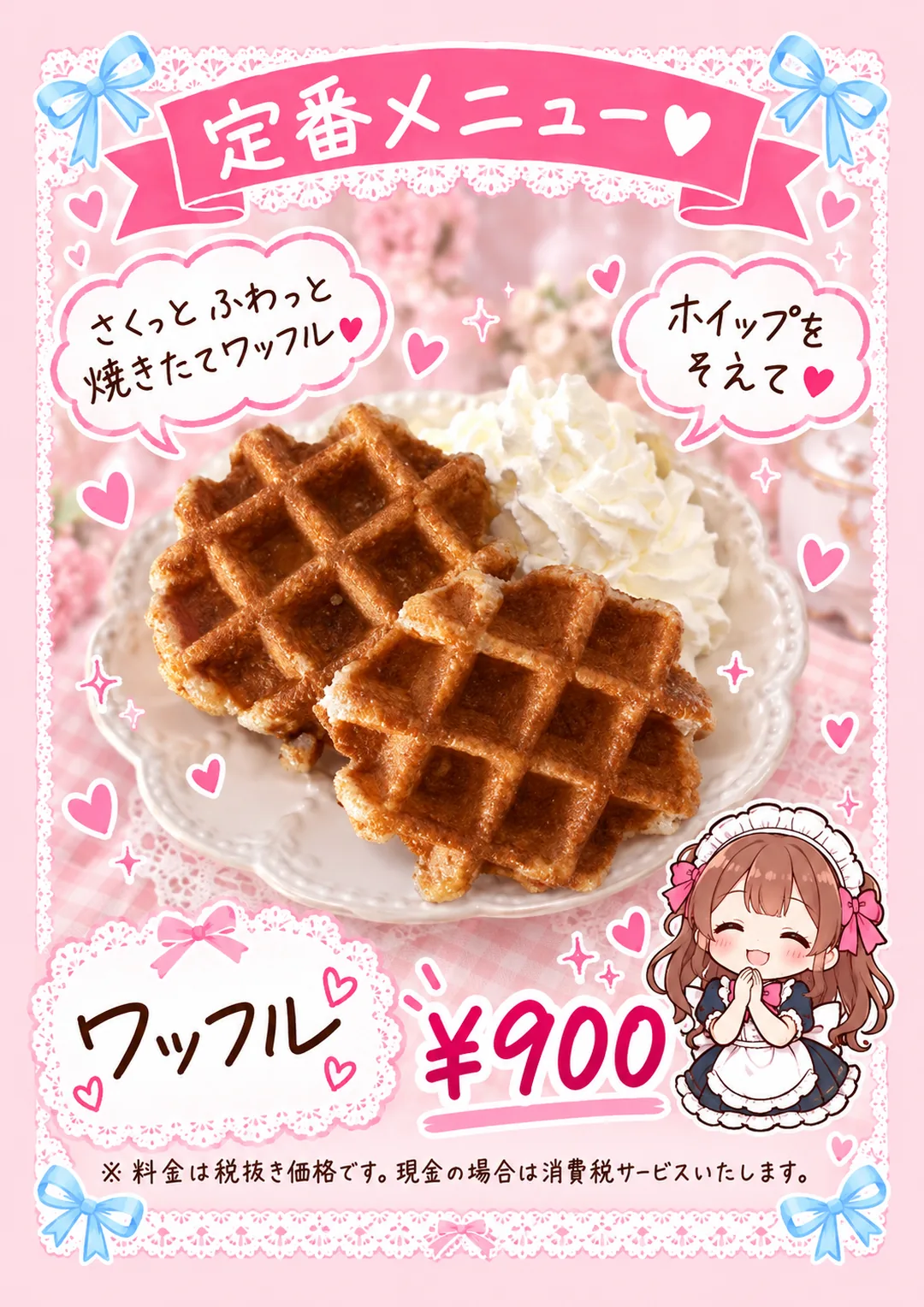 ここひめカフェのメニュー表 定番 ワッフル